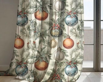 Christmas Ornament Linen Curtains, Beige Botanical Holiday Drapes with Green Leaves and Baubles – Festive Blackout Curtain, Custom Size