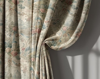 Cortinas de lino victorianas beige, cortinas florales, panel de ventana romántico, diseño de rosas vintage, decoración elegante para el hogar, tamaño personalizado, cortinas largas