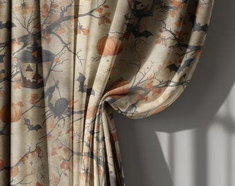 Halloween Curtains with Pumpkins and Bats, Spooky Holiday Linen  Drapes for Living Room – Vintage Fall Window Treatment, Custom Size