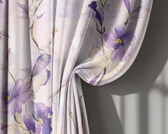 Lavender and Lilac Victorian Linen Floral Curtains, Romantic Vintage Style Drapes for Living Room or Bedroom, Custom Size, Window Treatment