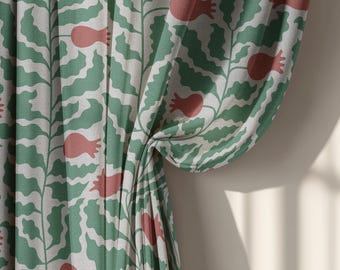Cortinas de lino escandinavas con motivos botánicos verdes y flores rojas, modernas cortinas nórdicas para sala de estar. Panel de ventana a medida.