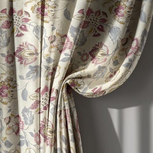 Beige floral Linen curtains, vintage cottage drapes, living room window panel, romantic flower design, country home style, custom size