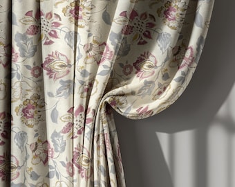 Beige floral Linen curtains, vintage cottage drapes, living room window panel, romantic flower design, country home style, custom size
