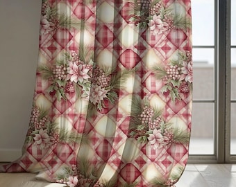 Red Plaid Christmas Linen Curtain, Floral Poinsettia Holiday Drape with Green Pine Leaves, Traditional Festive Blackout Curtain, Custom Size