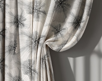 Beige abstract linen curtains, contemporary drapes, modern window panel, artistic line pattern, stylish home decor, blackout curtain