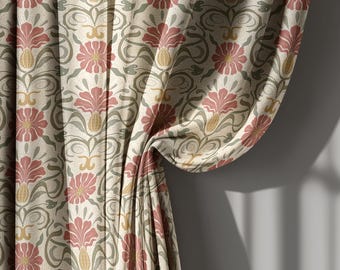 Cortinas de lino con estampado floral Art Nouveau en rojo y oliva, cortinas vintage beige para sala de estar – Tratamiento decorativo para ventanas, tamaño personalizado