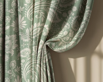 Green Paisley Victorian Style Floral Linen Drapes, Elegant Botanical Window Curtain Panel, Blackout options, Custom Size, Rod Pocket