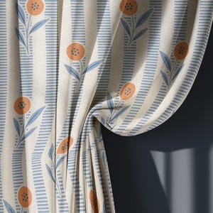 Blue Scandinavian Floral Linen Curtains – Nordic Stripe Window Panels, Mid Century Botanical Drapes for Living Room, Custom Size Curtains