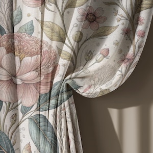 May include: Floral curtain panel featuring a large peony in shades of pink and peach, surrounded by green leaves and smaller pink flowers. The design is printed on a cream-colored fabric, with a detailed, artistic style.