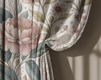 Beige and Blush Pink Botanical Floral Line Curtains, Vintage Garden Flower Window Curtain Panel for Living Room Bedroom, Decorative Curtain
