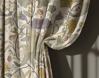 Cortinas de lino vintage con estampado floral en tonos beige y verde, estilo William Morris, con motivos botánicos, ideales para sala de estar. Panel de cortina con estampado natural.