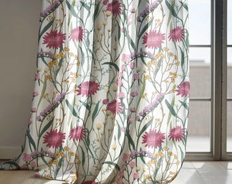 Cortinas de lino con estampado floral beige y rosa, cortinas botánicas vintage con flores silvestres, cortinas opacas, tamaño personalizado, decoración rústica.