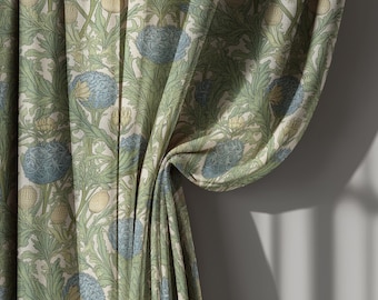 Blue and Green Floral Linen Curtain, Victorian Style Botanical Drape for Living Room, Custom Size Window Treatment, Decorative Curtain Panel