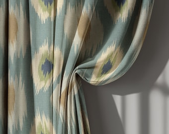 Blue and Beige Linen Ikat Curtains, Contemporary Style Window Drapes with Geometric Pattern – Custom Size Panel, Gromet Pocket Option