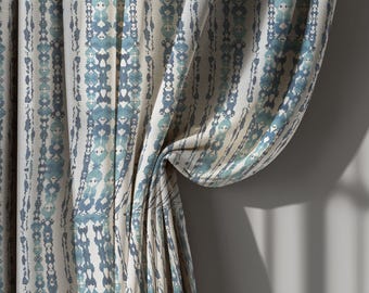 Beige and Blue Ikat Linen Curtains, Bohemian Eclectic Window Drapes for Living Room – Custom Size, Southwestern Style Home Decor