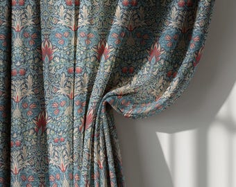 Cortinas de lino estilo William Morris en azul y rojo, con estampado floral vintage y botánico, estilo victoriano, tamaño personalizado.