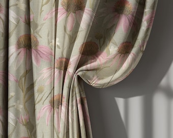 Pink Floral Linen Curtain with Coneflower Pattern, Cottagecore Botanical Drape for Bedroom, Country Farmhouse Window Treatment, Custom Size