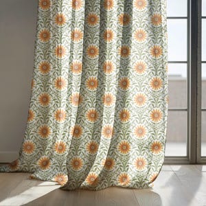 Yellow and Green Sunflower Linen Curtains, Vintage Botanical Drapes for Farmhouse Decor – Blackout Curtain, Custom Size, Rustic Style