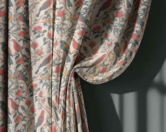 Cortinas de lino beige con estampado de pájaros rojos y flores, estilo botánico vintage, panel de ventana a medida, opciones de ojales.