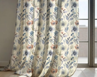 Cortinas de lino con estampado floral de acuarela en beige y azul, cortinas botánicas minimalistas para sala de estar, estilo cabaña moderna, panel opaco personalizado