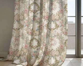 Beige floral Linen curtains, Victorian drapes, romantic rose design, vintage window panel, elegant home decor, custom size, long drapes