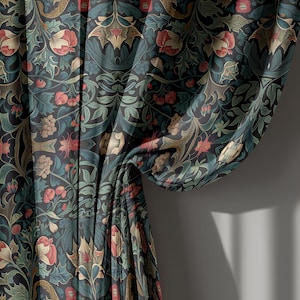 Dark Botanical Floral Curtains in William Morris Style, Vintage Victorian Linen Drapes for Living Room – Custom Size Window Panel