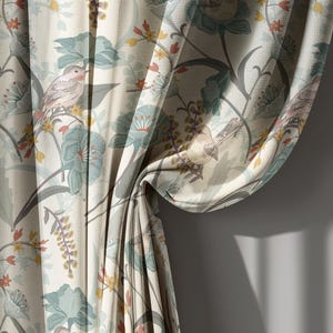 Beige and Green Floral Bird Linen Curtains, Victorian Style Botanical Drapes with Nature Pattern – Cotton Curtain, Custom Size Window Panel
