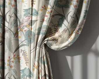 Cortinas de lino con estampado floral de pájaros en beige y verde, cortinas botánicas de estilo victoriano con motivos naturales – Cortina de algodón, panel de ventana a medida