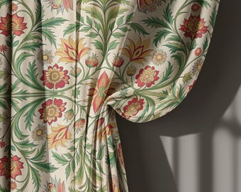 Cortinas de lino con estampado floral en tonos beige, rojo y verde, cortinas botánicas vintage para sala de estar, panel de cortina estilo cabaña a medida.