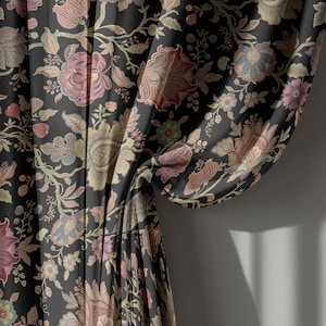 Black Floral Victorian Linen Curtain, Vintage Botanical Drapes with Gold and Burgundy Details, Elegant Living Room Panel, Custom Size Option