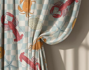 Cortinas de lino beige y azul con diseño costero de langosta, cortinas de cuadros vichy con diseño náutico de cangrejo y concha para cocina, paneles opacos de tamaño personalizado.
