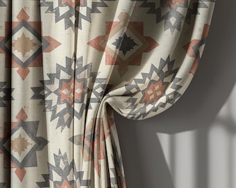 Beige and Rust Geometric Linen Curtains, Southwestern Style Drapes with Tribal Diamond Pattern – Rustic Window Panel, 96 and 108 Inch