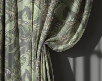 Green and Black Botanical Linen Curtains, William Morris Style Vintage Drapes for Living Room – Blackout Curtain, Custom Size Window Panels