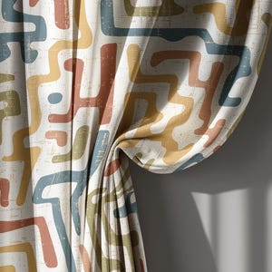 Mid-Century Abstract Linen Curtain, Retro Geometric Line Pattern Drape in Mustard, Rust and Blue – Blackout Custom Panel