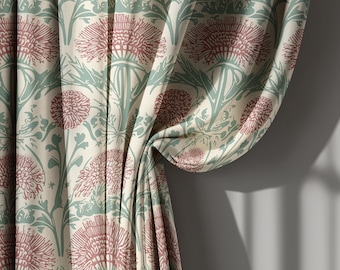 Beige and Green Linen Curtains with Red Thistle Floral Pattern, Art Nouveau Botanical Drapes for Living Room – Vintage Window Treatment