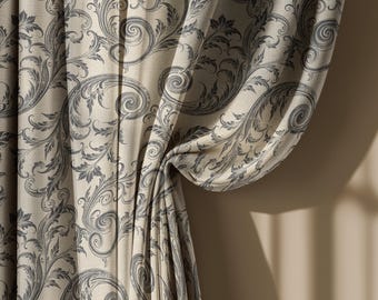 Beige and Black Baroque Linen Curtains, Elegant Victorian Style Drapes with Scroll Leaf Pattern – Blackout Curtain, Custom Size Window Drape
