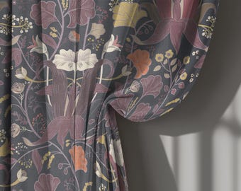 Dark Gray Art Nouveau Floral Linen Curtains, Burgundy and Mustard Botanical Drapes with Large Flower Print – Vintage Style Window Panel,