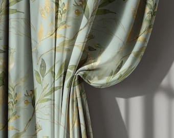 Cortinas de lino con hojas botánicas verde salvia, cortinas contemporáneas de inspiración natural para sala de estar o dormitorio, tamaño personalizado, tratamiento de ventanas