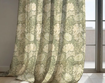 Olive Green Floral Linen Curtains, William Morris Style Vintage Botanical Drapes – Blackout Curtain, Custom Size, Victorian Decor