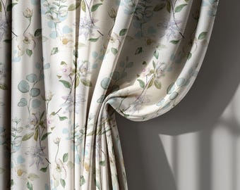 Cortinas de lino con estampado floral beige y azul, estilo cottagecore, para sala de estar o dormitorio, tamaño personalizado, tratamiento de ventanas.
