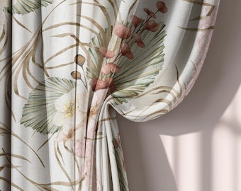 Beige and Sage Green Tropical Floral Linen Curtains, Soft Botanical Palm Leaf Drapes for Living Room, Custom Size Blackout Panels