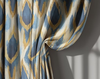 Blue and Yellow Ikat Linen Curtains, Bohemian Eclectic Drapes for Living Room – Modern Window Treatment, Custom Size Panel