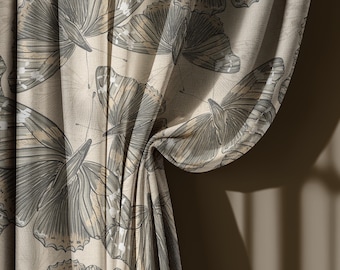Beige Linen Curtains with Butterfly Pattern, Contemporary Nature Inspired Drapes for Living Room – Custom Size Window Treatment