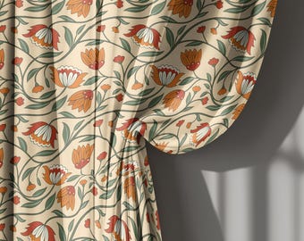 Rust Orange and Olive Floral Linen Curtains, Botanical Folk Art Drapes in Vintage Style – Custom Size Panel, Rod Pocket Option