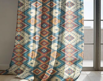Beige Southwestern Geometric Linen Curtains, Colorful Ikat Pattern Drapes for Living Room – Blackout Curtain, Custom Size Window Panels