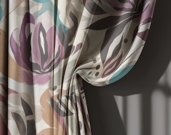Purple Teal Boho Floral Linen Curtains, Eclectic Botanical Drapes in Terracotta & Beige – Custom Size Blackout Window Panels