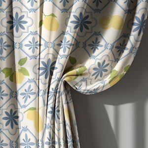 Blue and Yellow Lemon Pattern Linen Curtains, Mediterranean Tile Style Kitchen Drapes – Custom Size Window Treatment, Curtain Valance Option