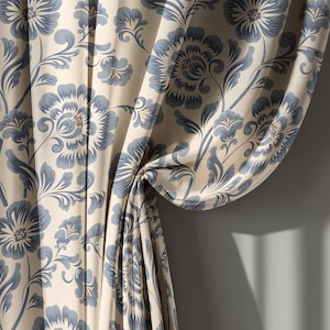 Blue Floral Linen Curtains with Beige Background, Vintage Botanical Style Drapes for Living Room – Blackout Curtain, Custom Size Panel