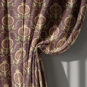 Burgundy and Gold Pomegranate Linen Curtains, Vintage Botanical Drapes for Living Room – Blackout Curtain, Custom Size Window Panel