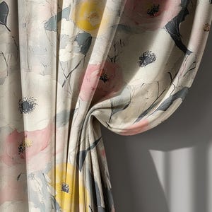 Cream, Blush and Yellow Floral Curtains – Contemporary Pastel Flower Drapes, Modern Linen Window Panel with Custom Size,  Blackout Option